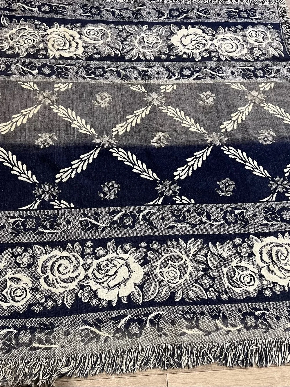 Vintage Woven Floral Tapestry Throw Blanket Fringed Blue Cottagecore